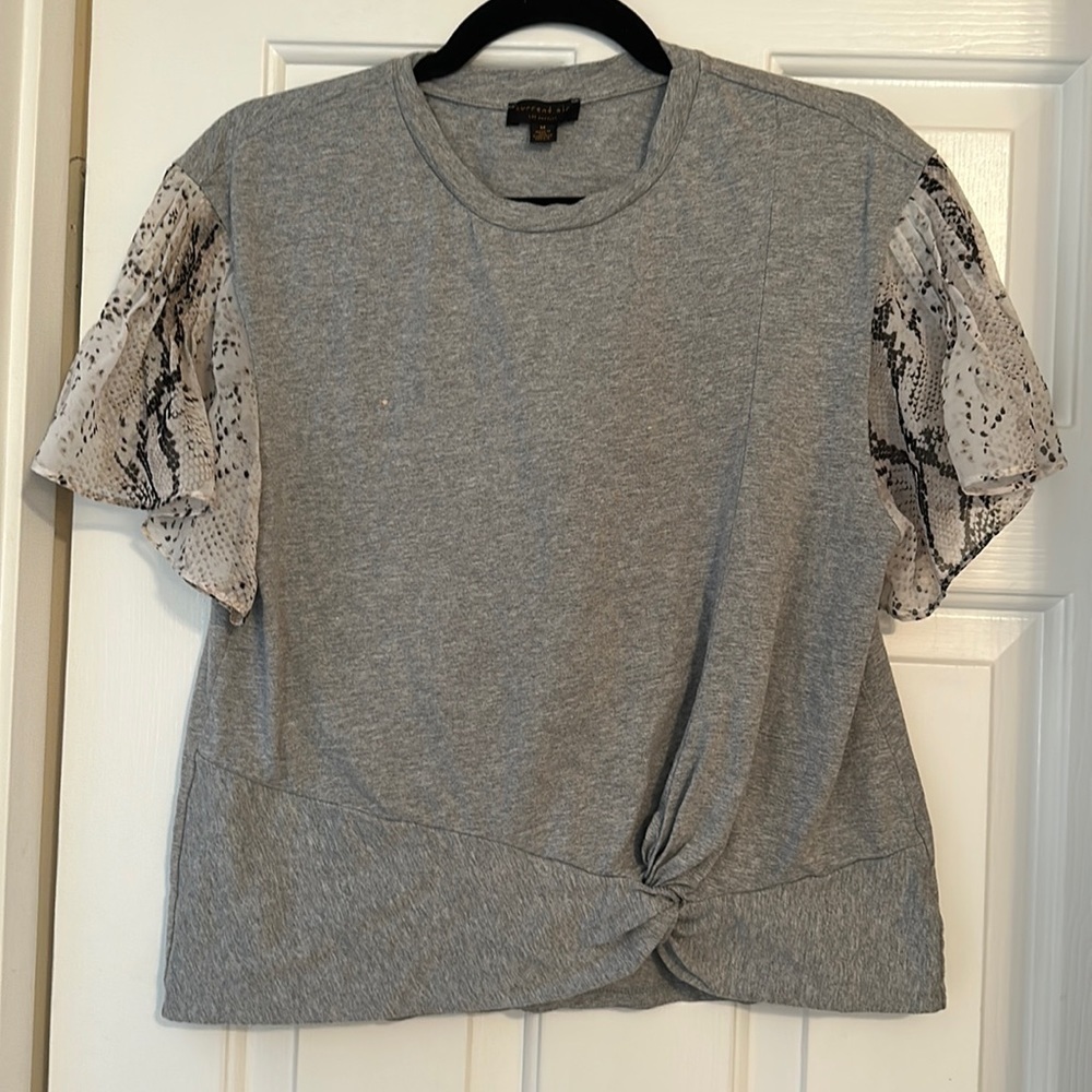 Current air grey mixed media snakeskin flutter sleeve knot detail medium tee